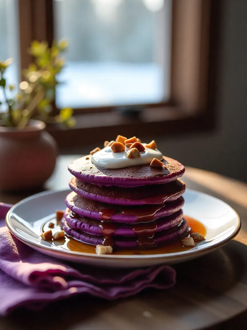 Purple sweet potato pancakes with yogurt and syrup, topped with walnuts on a cozy breakfast setup.