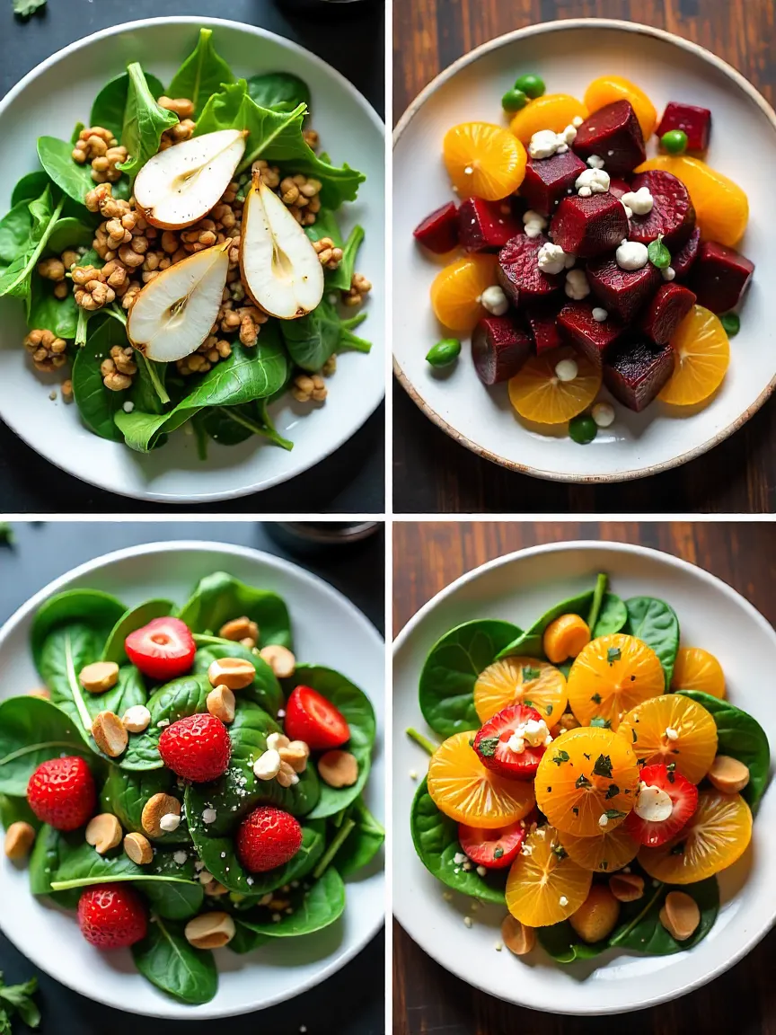Elegant salad collage: arugula & pear, beet & citrus, spinach & strawberry for a romantic dinner.