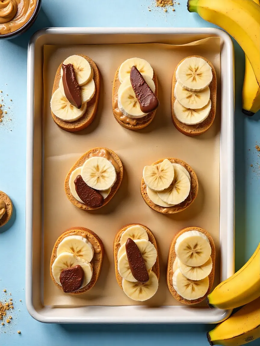 Frozen banana peanut butter sandwiches, some dipped in chocolate, on a tray with bananas and peanut butter bowl.