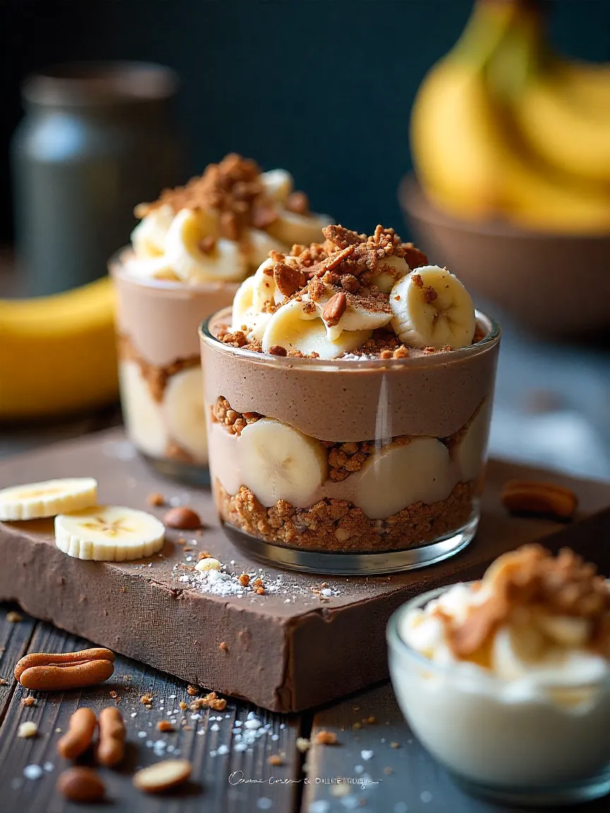 Collage of modern banana pudding variations with chocolate, caramelized bananas, nuts, tropical fruits, yogurt, and berries.