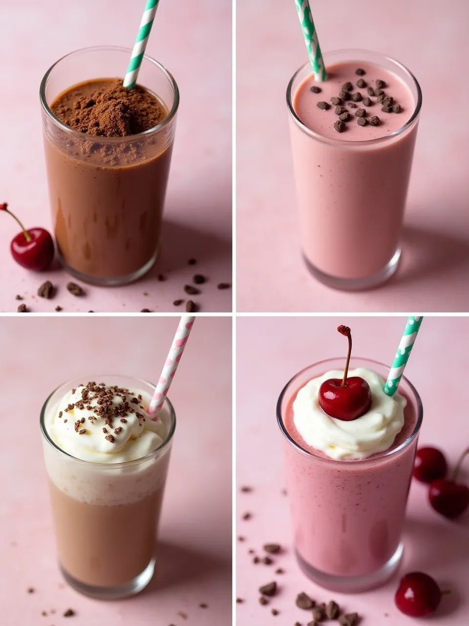 Collage of chocolate-cherry smoothie variations: protein, light, kid-friendly, and dessert styles.