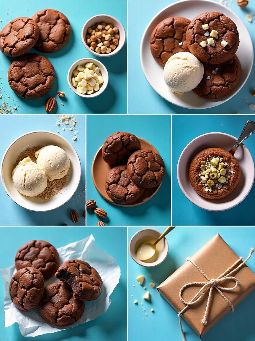 Collage showing add-ins like nuts, sea salt, espresso powder, white chocolate, and serving ideas with ice cream, spreads, chocolate drizzle, and wrapped gifts.