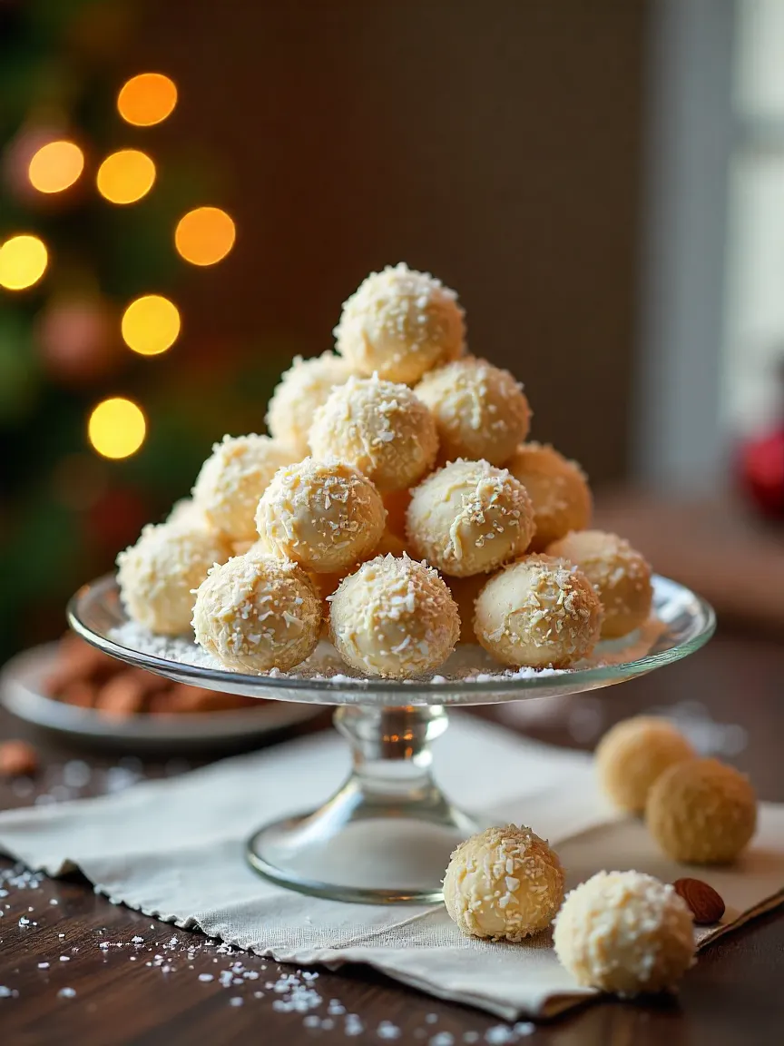 Glass cake stand filled with coconut-almond truffles sparkling under holiday lights, evoking cozy festive baking.