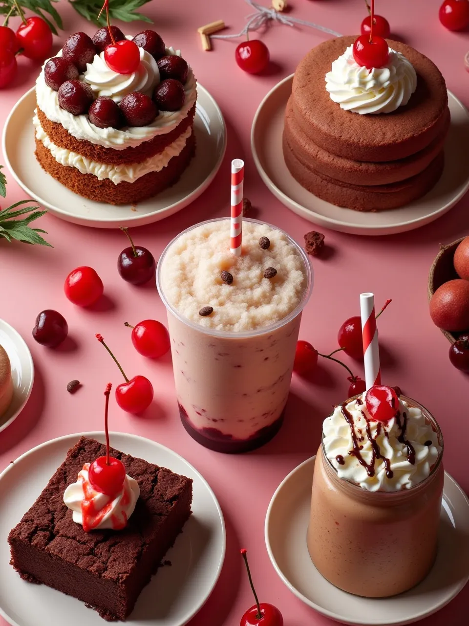 Collage of chocolate and cherry treats from Germany, USA, Japan, and Asia with colorful flags.