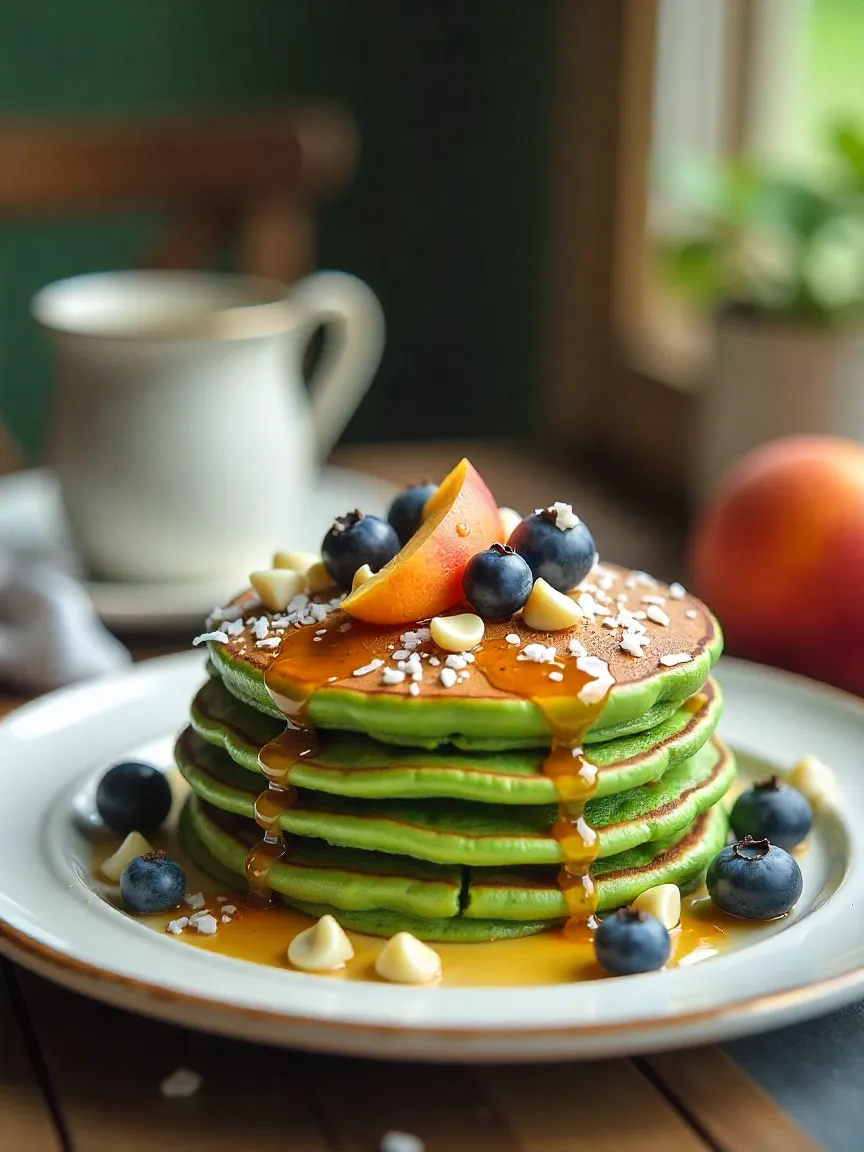 Green pancakes with white chocolate chips and honey, topped with fruit and coconut on a breakfast table.