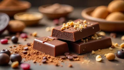 Homemade chocolate bars, truffles, and ingredients in a bright, cozy kitchen setting.