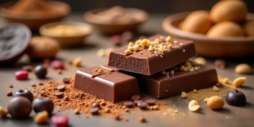 Homemade chocolate bars, truffles, and ingredients in a bright, cozy kitchen setting.