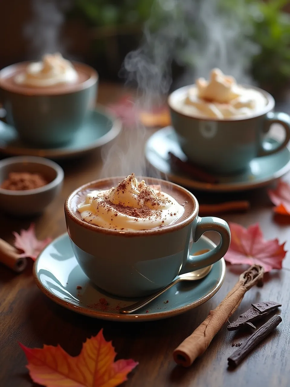 Autumn collage of hot chocolate with marshmallows, whipped cream, caramel, spices, and chocolate pieces.