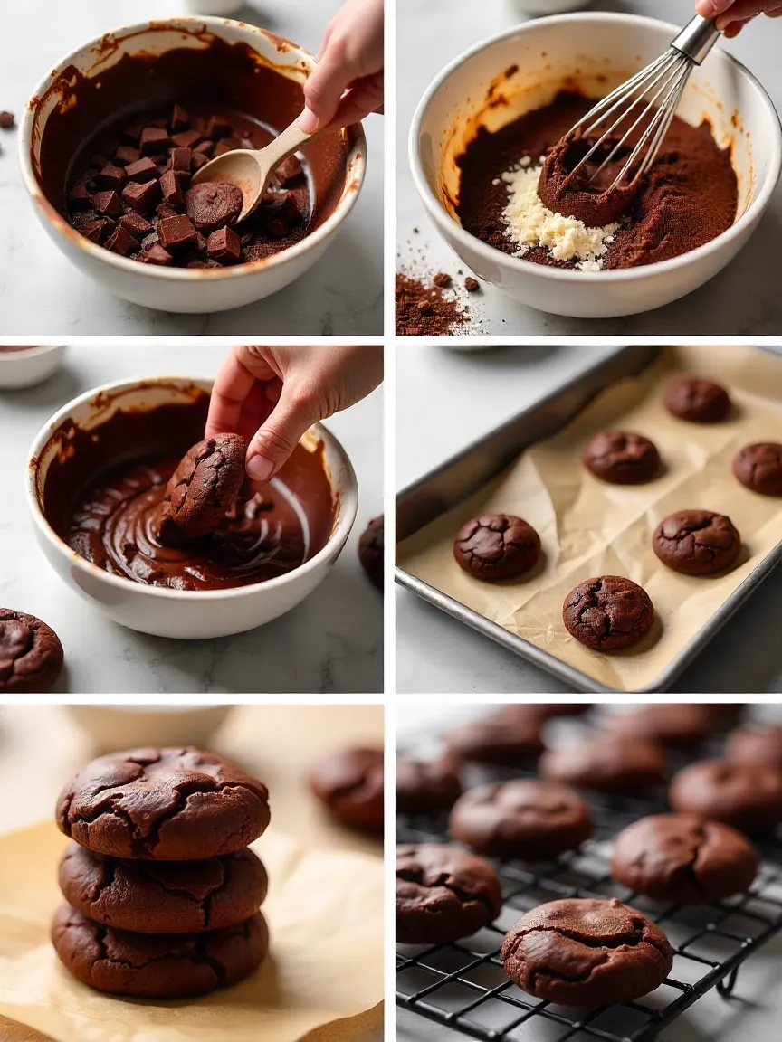 Collage showing steps to make brownie cookies: melting chocolate, whisking eggs and sugar, mixing dough, scooping balls, and baking.