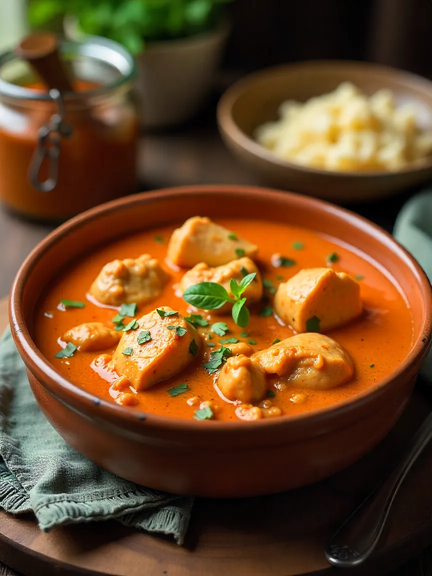 Hungarian Paprikash with chicken in creamy paprika sauce served with noodles and bread.