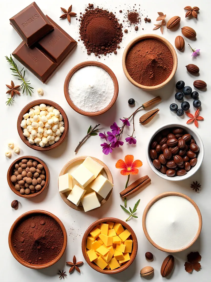Collage of chocolate ingredients: cocoa butter, cocoa powder, beans, sweeteners, milk powder, and toppings for homemade chocolate creations.