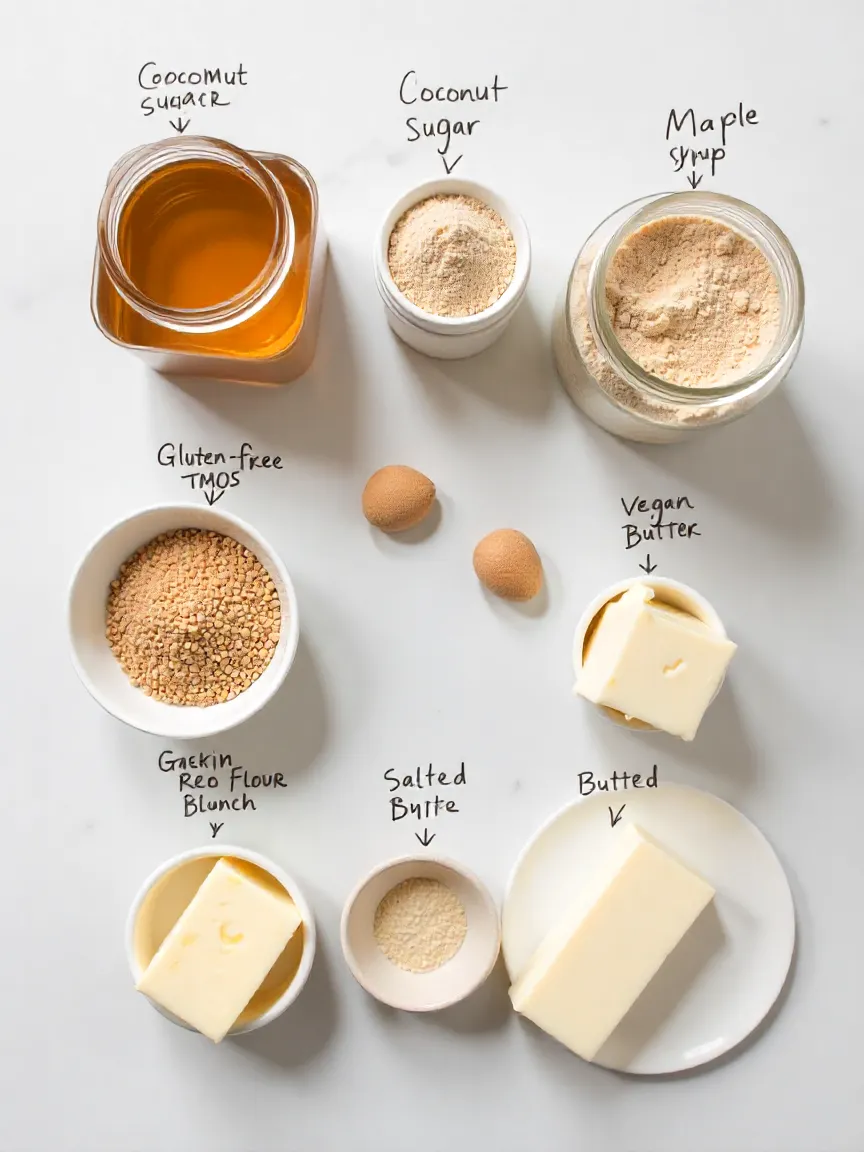 Alternative baking ingredients including coconut sugar, maple syrup, gluten-free flour, vegan butter, flax eggs, and salted butter.