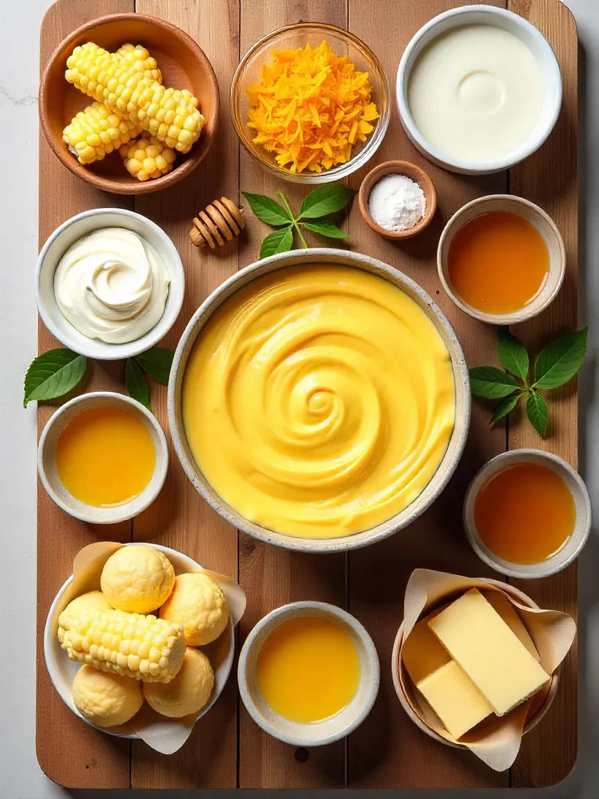 Collage of ingredients for corn tiramisu: fresh corn, dairy, sweeteners, and cake bases arranged on a rustic kitchen surface.