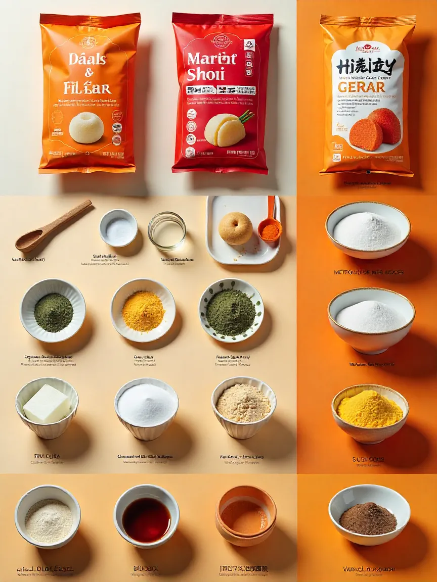 Collage of mochi ingredients: glutinous rice flour, sugar, water, cornstarch, and flavor powders