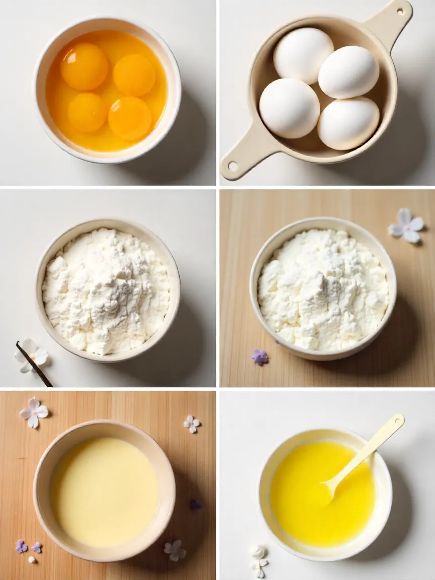 Collage of eggs, sugar, flour, custard powder, baking powder, and melted butter for Chinese mini sponge cakes.