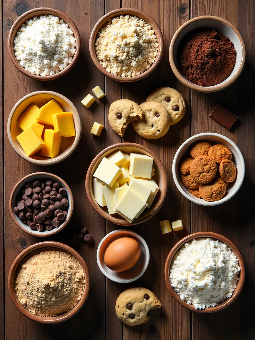 Collage of cookie ingredients including different flours, sugars, butter, eggs, and chocolate varieties.