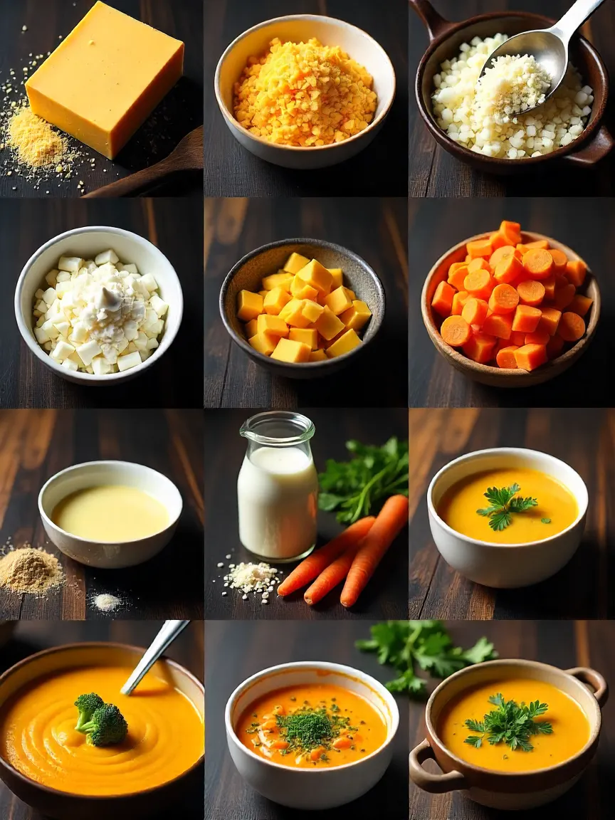 Ingredients for broccoli cheddar soup: sharp cheddar, Parmesan, butter, onions, garlic, carrots, milk, broth, flour, and herbs for flavor.
