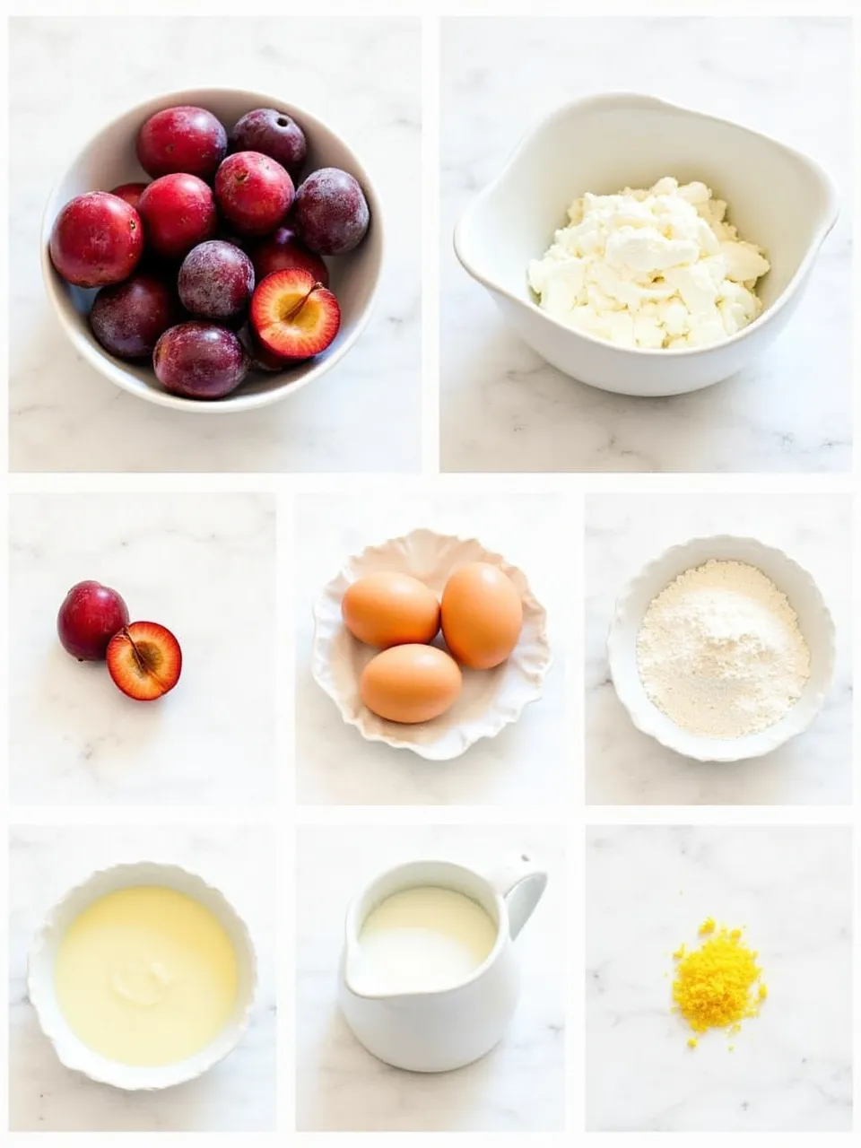 Collage of fresh ingredients for ricotta plum dumplings: plums, ricotta cheese, eggs, flour, butter, sugar, milk, and lemon zest.