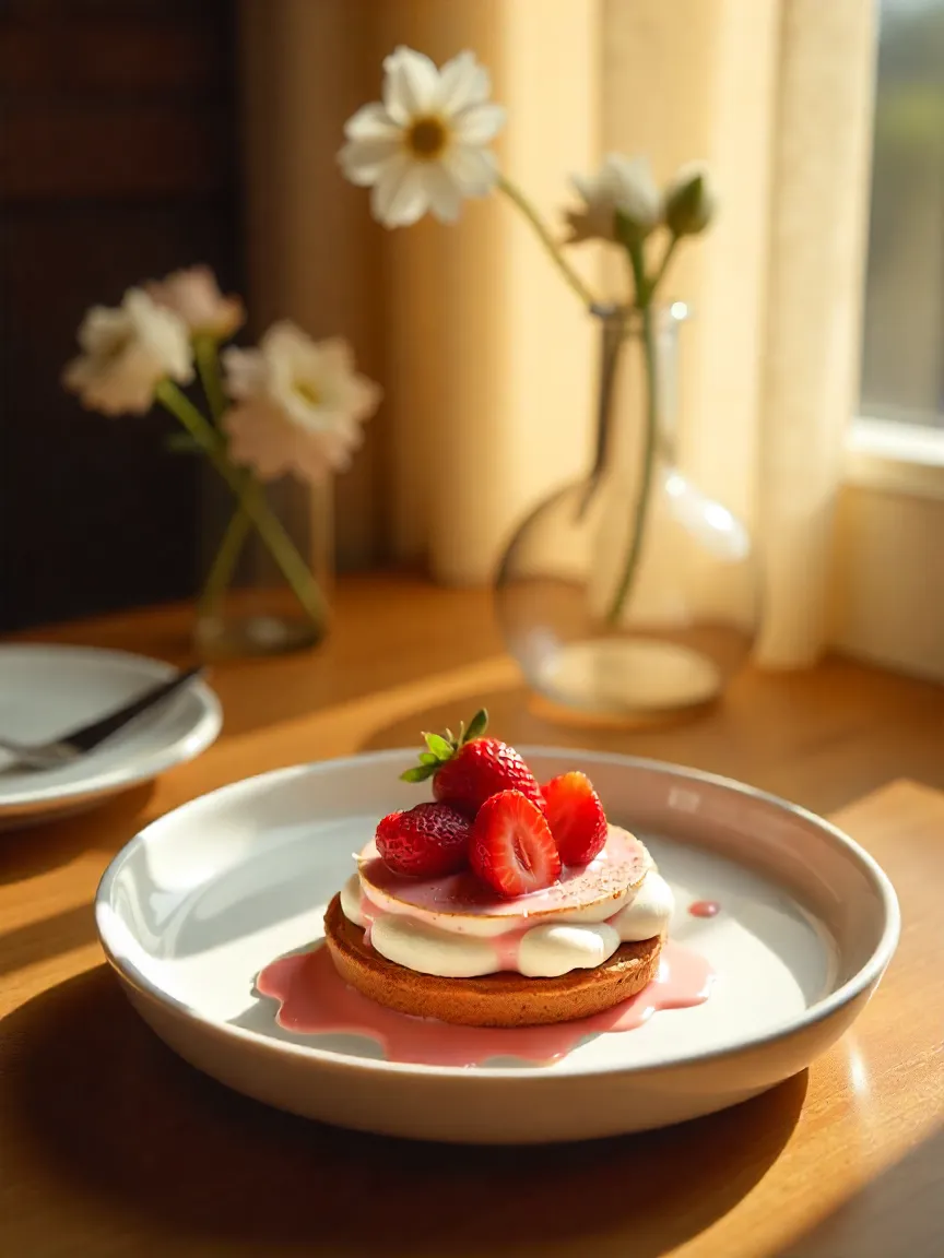 Strawberry dessert on white plate with soft sunlight and flowers in Korean café, styled for Instagram photography.