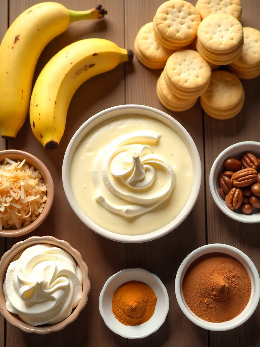 Collage of banana pudding ingredients: bananas, custard, cookies, whipped cream, nuts, coconut, and chocolate.