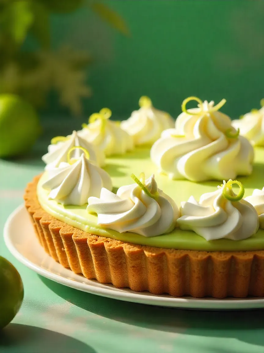 Key Lime Pie with whipped cream and lime zest on a golden crust.
