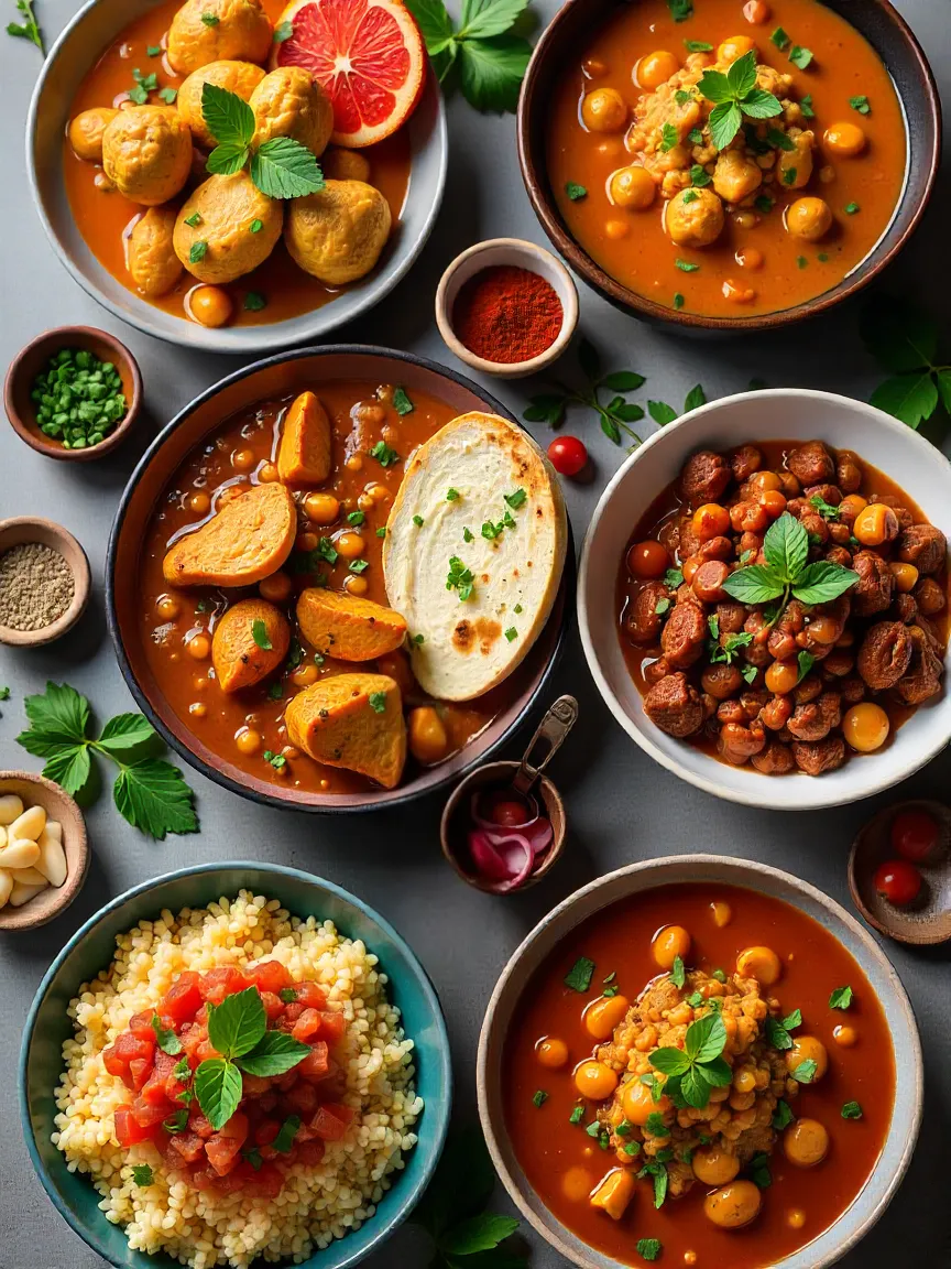 Collage of colorful quick-cooker meals including butter chicken, chili, risotto, jambalaya, paprikash, and pho.