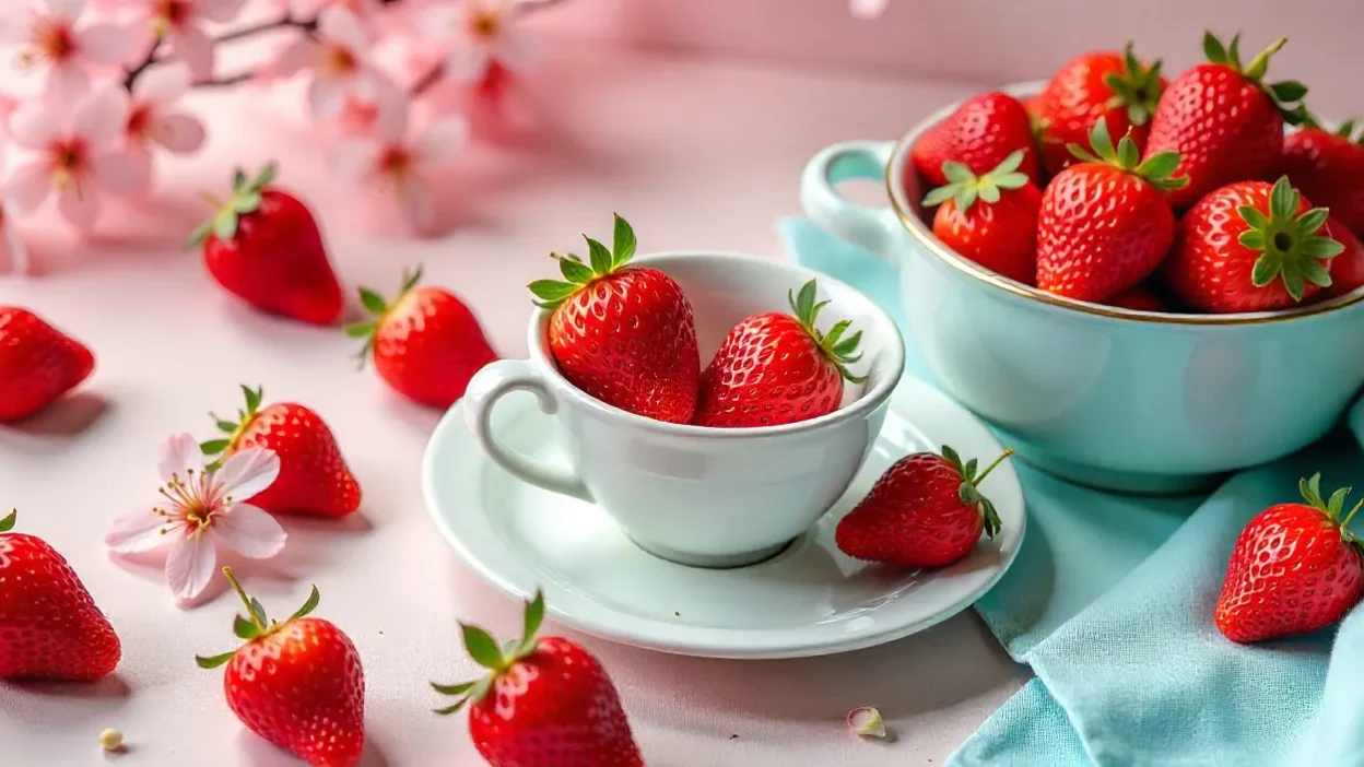 Bright flat lay with strawberries and Korean cultural elements, cherry blossoms, and pastel fabrics.