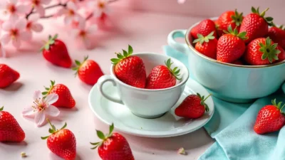 Bright flat lay with strawberries and Korean cultural elements, cherry blossoms, and pastel fabrics.