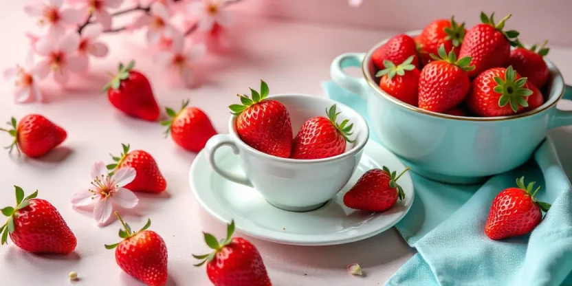 Bright flat lay with strawberries and Korean cultural elements, cherry blossoms, and pastel fabrics.