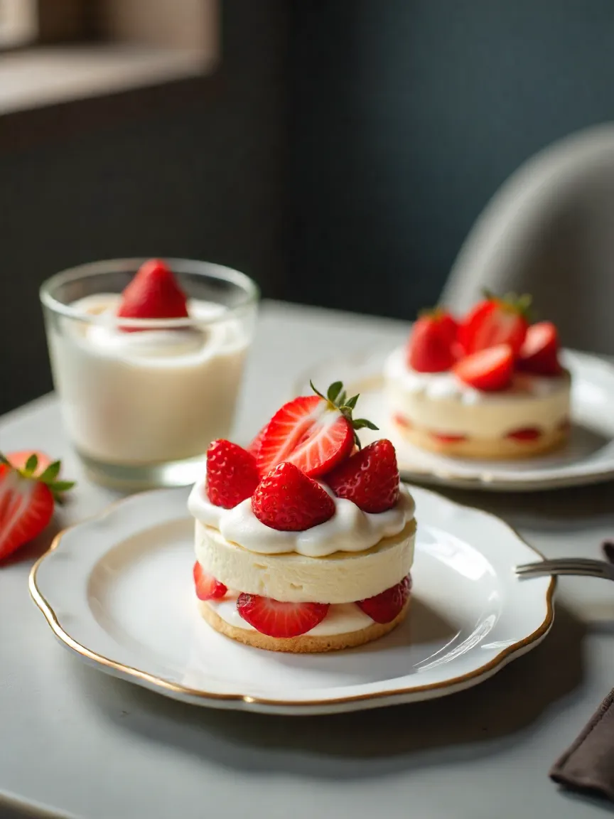 Korean café table with heart-shaped strawberries, whipped cream desserts, and sponge cakes, styled with soft lighting and elegant decor.