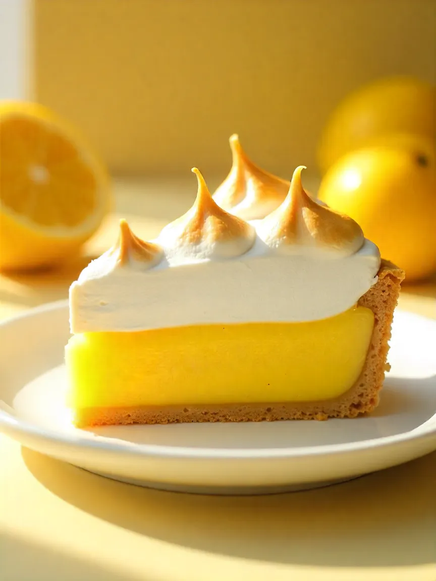 Lemon Meringue Pie with golden crust, lemon curd, and fluffy meringue on a bright table.