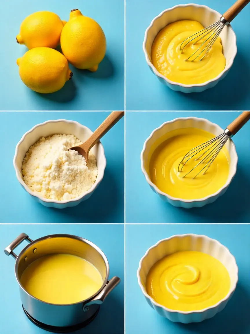 Collage showing lemon cream preparation: fresh lemons, whisked egg yolks and sugar, cornstarch slurry, lemon custard cooking, and cooled lemon cream in a bowl.