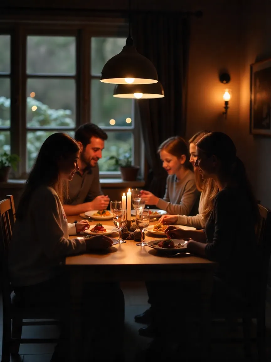 Family dinner with warm, layered lighting creating a cozy atmosphere.