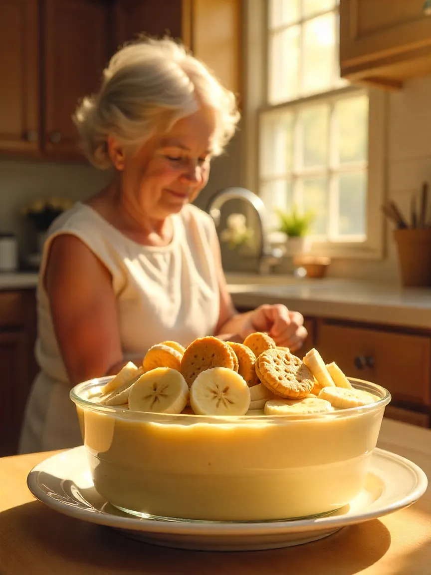Cozy collage of family making and enjoying banana pudding in a Southern kitchen.