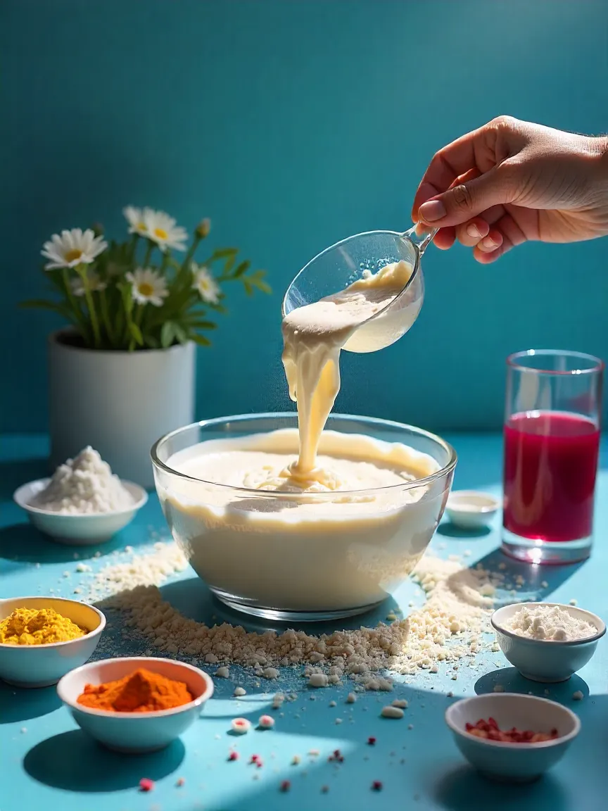 Illustration of edible paper ingredients: starches, liquids, flavors, and natural color powders with thin sheets being prepared.