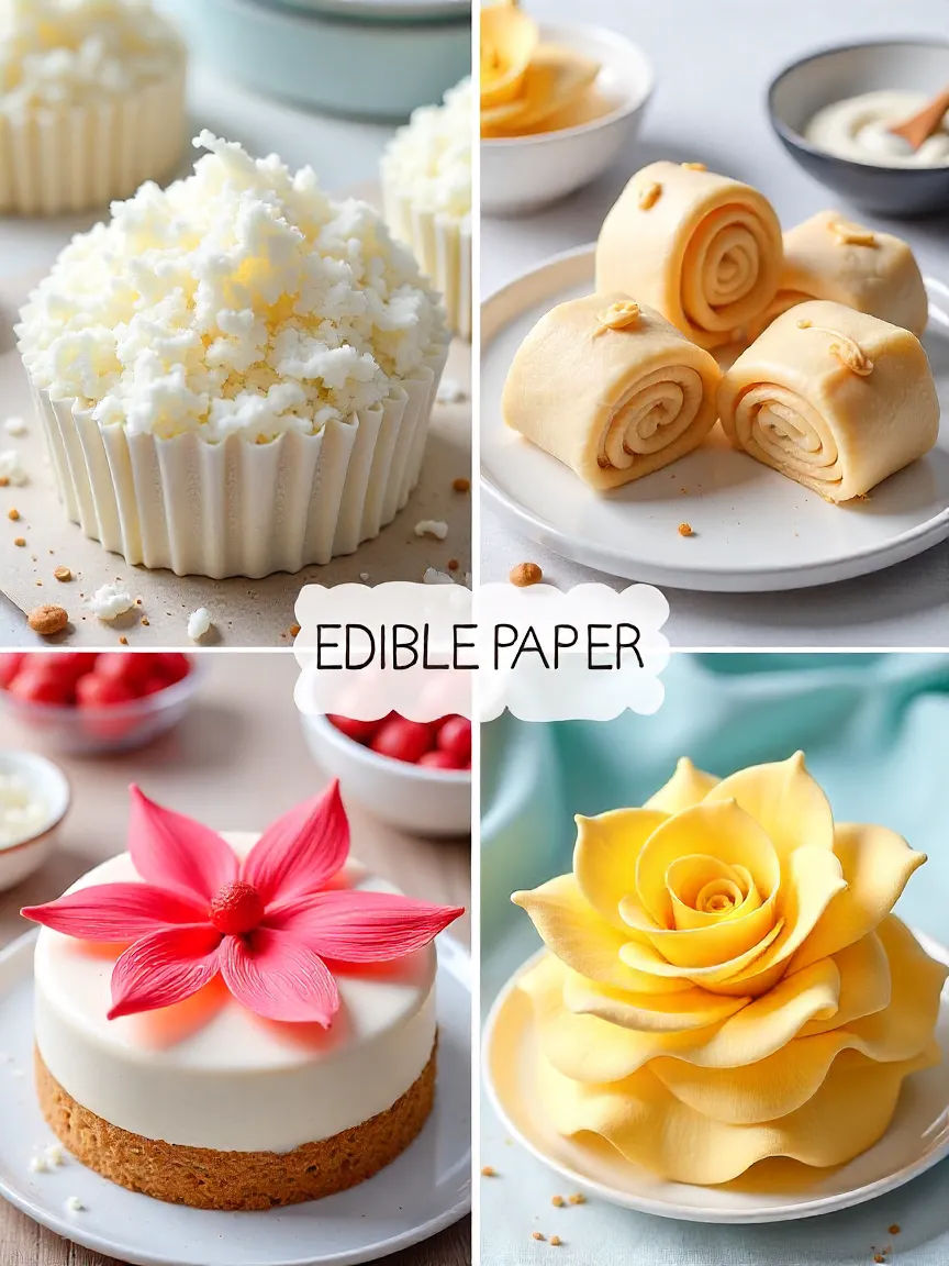Collage of edible paper starches: rice, potato, tapioca, and cornstarch with example sheets and uses.