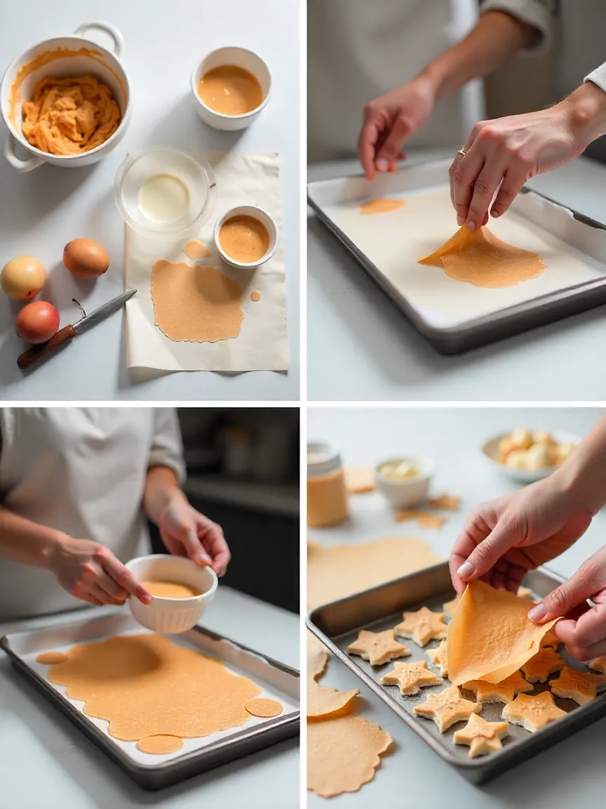 Collage illustrating homemade edible paper steps: mixing, spreading, drying, and storing sheets.