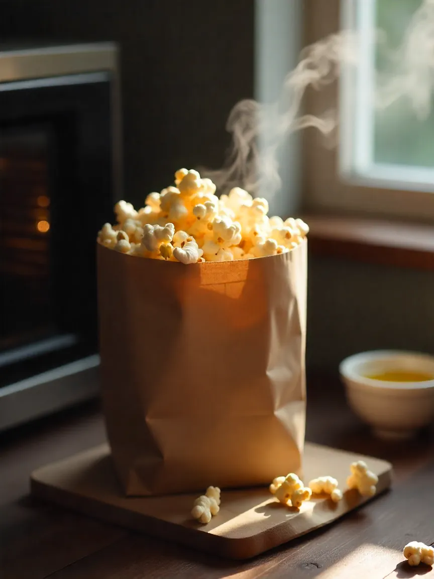 Brown paper bag popping popcorn in a microwave, ready to season.