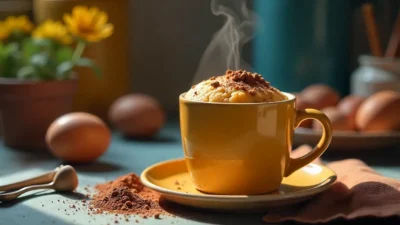 Steaming mug cake in a colorful mug with baking ingredients on a wooden table.