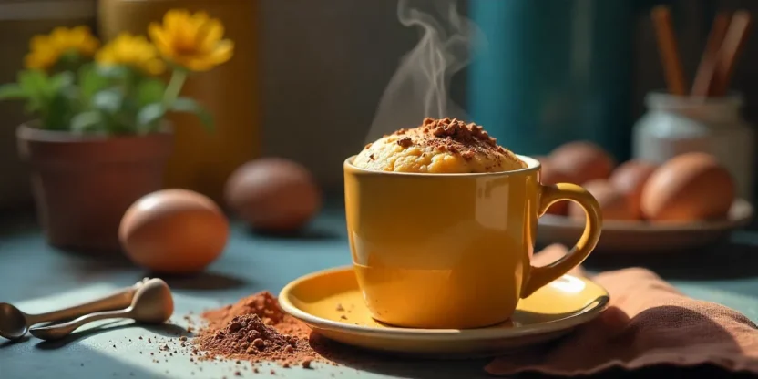 Steaming mug cake in a colorful mug with baking ingredients on a wooden table.