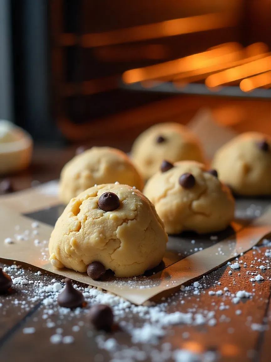 Cookie dough scoops seemingly moving into the oven, surrounded by baking ingredients on a cozy kitchen countertop.