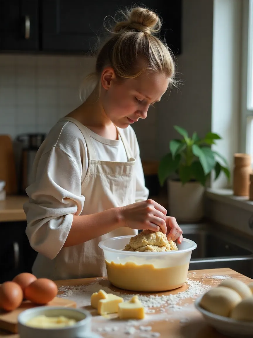 Hands mixing soft cinnamon roll dough in a bowl with ingredients around.