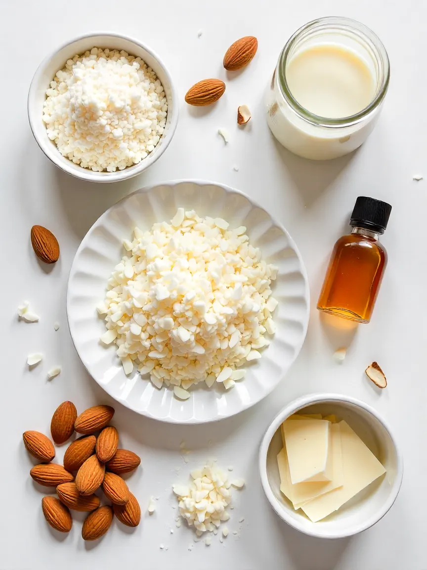 Collage of ingredients for coconut-almond truffles: shredded coconut, condensed milk, almonds, white chocolate, vanilla extract, and extra coconut flakes.