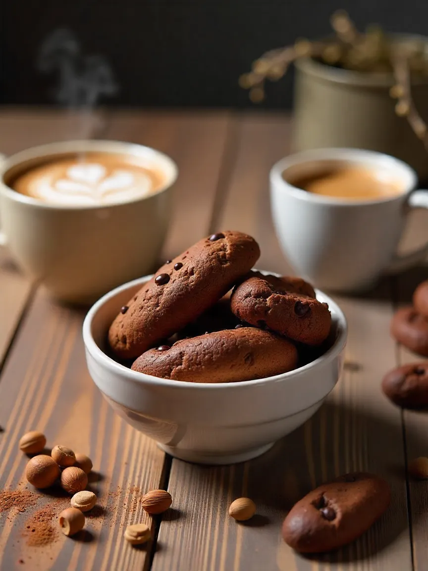 Crunchy mocha biscotti with nuts next to a cup of cappuccino, perfect for dunking.