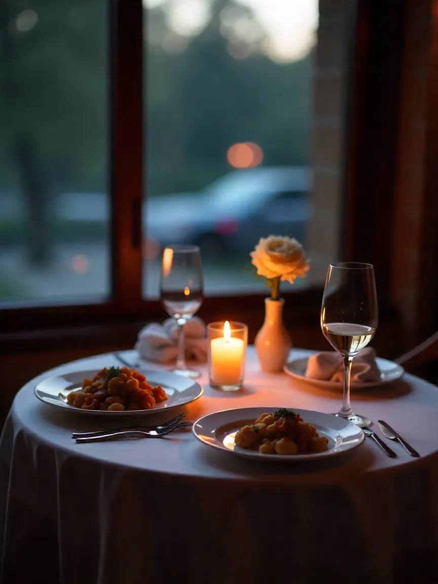 Romantic dinner setup for two with candlelight, wine, and beautifully plated food.