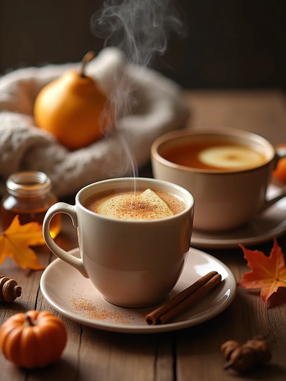 Caramel pear drink and spiced herbal tea with cinnamon, ginger, honey, and autumn decorations.