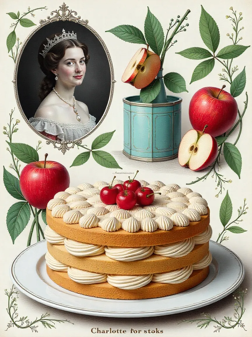 Vintage illustration of Queen Charlotte, sponge biscuits, and apples representing Charlotte cake history.