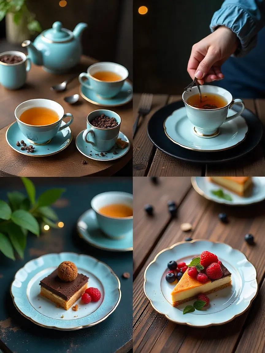 Collage of tea and dessert pairings with brewing process and styled servings.