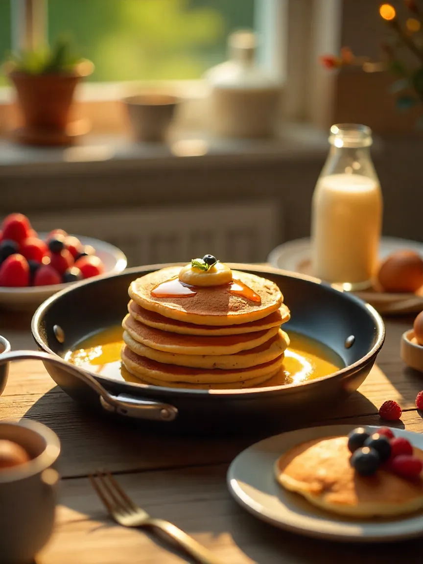 Golden pancakes sizzling in a pan with syrup and berries on a plate.