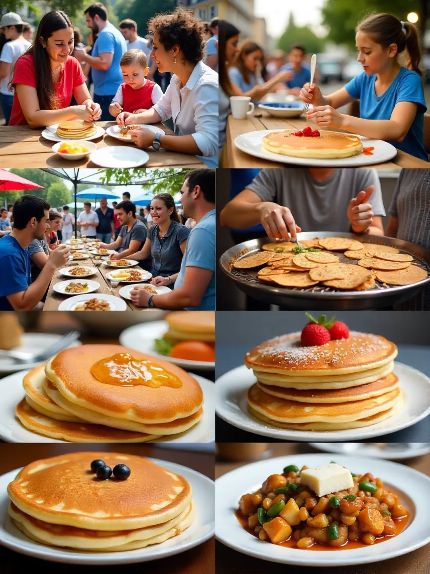 Collage of people worldwide enjoying pancakes in various settings.